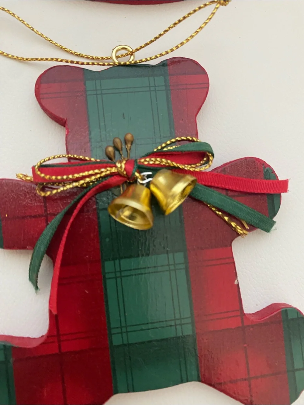 Vintage Wooden Christmas Ornaments Plaid Tartan Set of 4 Bear Reindeer Horse 4”H